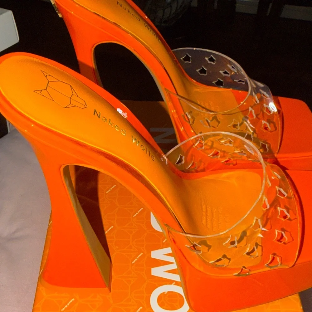Naked Wolfe Orange Platform Mule Heels with Clear Strap